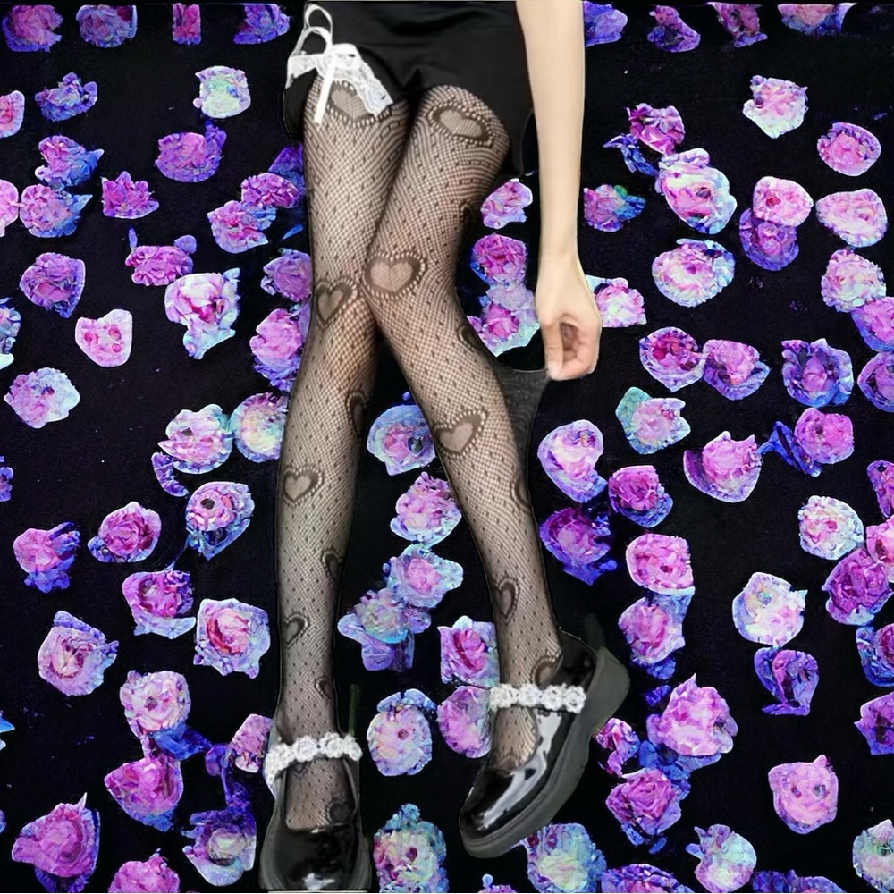 Heart Print Mesh Tights Black Sexy Cut Out High Waist Fishnet Pantyhose One Size